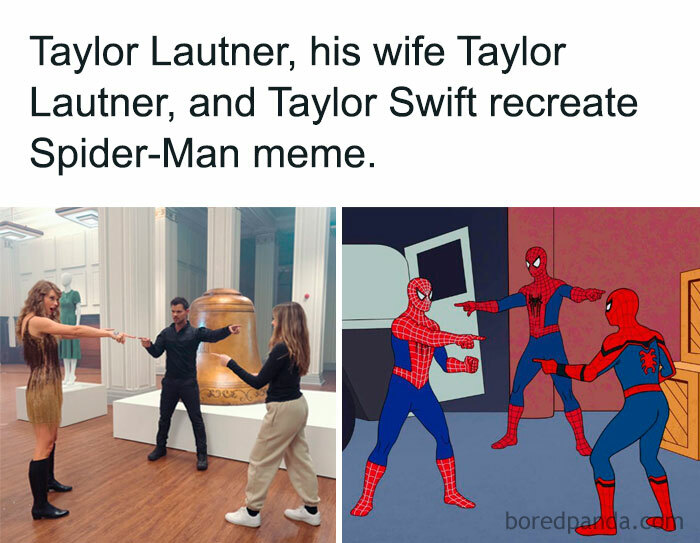 A Taylor Swift meme featuring two panels. The left panel shows Taylor Lautner, his wife Taylor Lautner, and Taylor Swift standing in a room, all pointing at each other, recreating the iconic Spider-Man pointing meme. The right panel shows the original Spider-Man meme, where three Spider-Men are pointing at each other. The caption above the image reads, "Taylor Lautner, his wife Taylor Lautner, and Taylor Swift recreate Spider-Man meme."