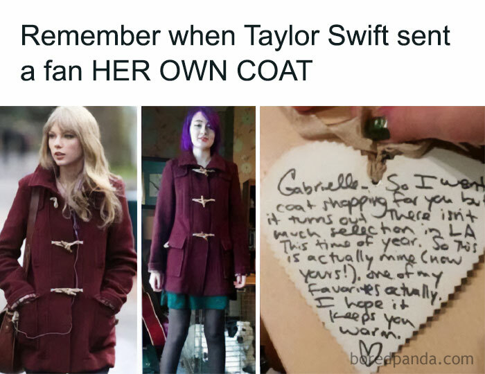 A Taylor Swift meme with three panels and a caption. The caption at the top reads, "Remember when Taylor Swift sent a fan HER OWN COAT." The left panel shows Taylor Swift wearing a burgundy coat. The middle panel shows a fan wearing the same burgundy coat. The right panel shows a handwritten note from Taylor Swift to the fan, which reads: "Gabrielle, So I went coat shopping for you but it turns out there isn't much selection in LA this time of year. So this is actually mine (now yours!). One of my favorites actually. I hope it keeps you warm."