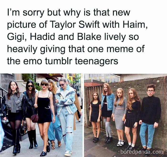 A Taylor Swift meme with two photos side by side and a caption at the top. The caption reads, "I’m sorry but why is that new picture of Taylor Swift with Haim, Gigi Hadid and Blake Lively so heavily giving that one meme of the emo tumblr teenagers." The left photo shows Taylor Swift walking with the Haim sisters, Gigi Hadid, and Blake Lively, all dressed fashionably and walking together. The right photo shows a group of young people dressed in emo-style clothing, looking solemn, resembling the "emo tumblr teenagers" meme. 