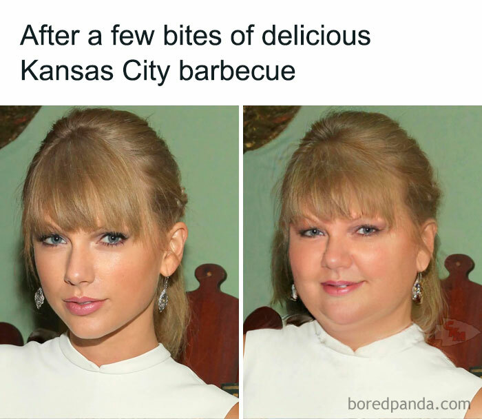 A Taylor Swift meme with two side-by-side photos of Taylor Swift. The left photo shows her with a slim face, looking directly at the camera. The right photo shows her with a noticeably fuller face, as if she has gained weight. The caption above the images reads, "After a few bites of delicious Kansas City barbecue," humorously implying that eating the barbecue caused a dramatic weight gain.