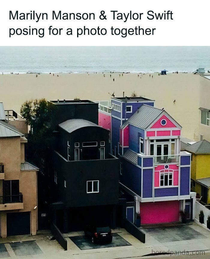 A Taylor Swift meme with a caption at the top reading, "Marilyn Manson & Taylor Swift posing for a photo together." The image below shows two adjacent houses on a beach. The house on the left is painted entirely black, while the house on the right is brightly colored in pink and purple, resembling a playful and vibrant design. The meme humorously implies that the contrasting styles of the houses represent the stark differences between Marilyn Manson and Taylor Swift.