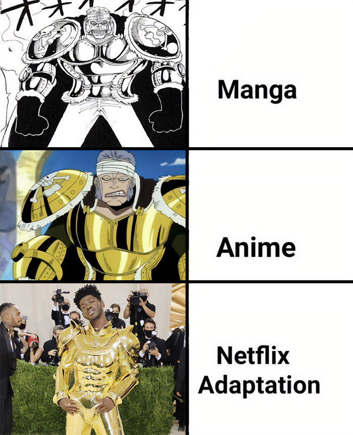 A one piece meme in three panels. The top panel shows a black-and-white manga drawing of a character in armor, labeled "Manga." The middle panel features the same character in the anime adaptation, with colored armor, labeled "Anime." The bottom panel depicts Lil Nas X in a golden armor outfit at the Met Gala, labeled "Netflix Adaptation."