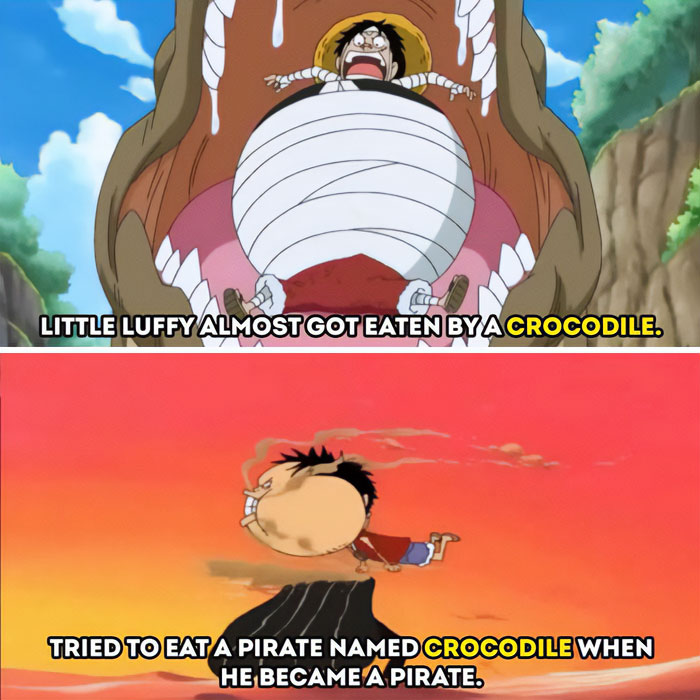 A one piece meme in two panels. The top panel shows a young Luffy inside the mouth of a crocodile, with the text, "Little Luffy almost got eaten by a crocodile." The bottom panel features a grown-up Luffy biting down on the head of the pirate Crocodile, with the text, "Tried to eat a pirate named Crocodile when he became a pirate."