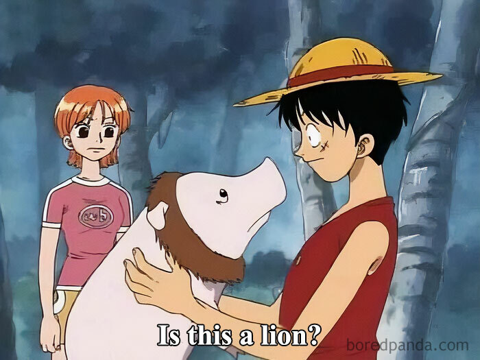 A one piece meme featuring Luffy holding a small animal with a beard, looking at it with curiosity. Nami stands in the background, observing the scene. The text at the bottom reads, "Is this a lion?"