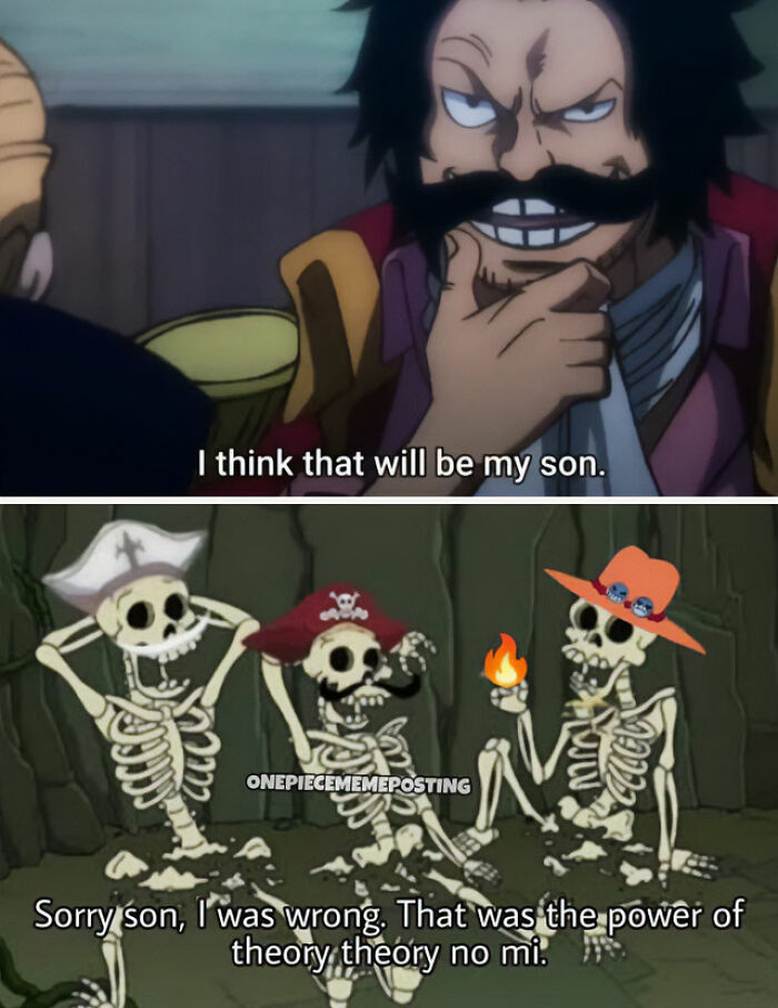 A one piece meme in two panels. The top panel shows Gold Roger with a confident smile and the text, "I think that will be my son." The bottom panel features three skeletons wearing pirate hats, with the one in the middle holding a small flame and wearing Ace's hat. The text below reads, "Sorry son, I was wrong. That was the power of theory theory no mi."