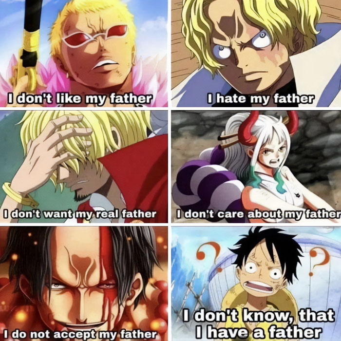  A one piece meme in six panels featuring different characters with their expressions and captions. The top left shows Donquixote Doflamingo with the text, "I don't like my father." The top middle panel features Sanji with the text, "I hate my father." The top right panel shows Sabo with the text, "I don't want my real father." The middle left panel depicts Yamato with the text, "I don't care about my father." The bottom left panel shows Ace with the text, "I do not accept my father." The bottom right panel features Luffy with a confused expression and the text, "I don't know that I have a father."