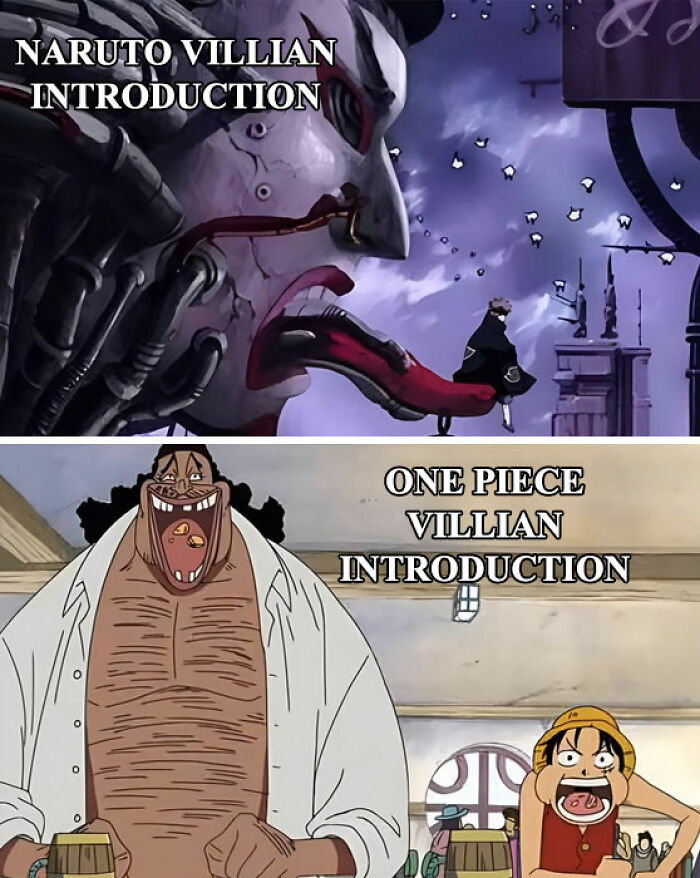 A one piece meme in two panels. The top panel shows a dark, ominous scene from Naruto with a menacing mechanical face and the text, "Naruto Villain Introduction." The bottom panel features a humorous scene from One Piece with a large, goofy villain and Luffy making a funny face. The text reads, "One Piece Villain Introduction."