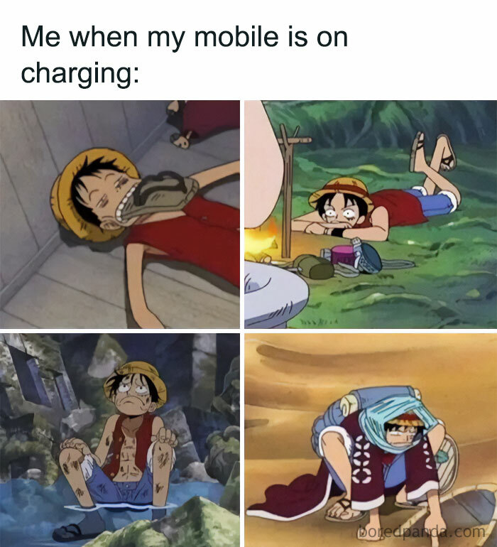 A one piece meme featuring four images of Luffy looking bored or waiting. The top left image shows Luffy lying on the floor with a tired expression. The top right image depicts Luffy lying on his stomach near a campfire, looking frustrated. The bottom left image features Luffy sitting in a stream, looking dejected. The bottom right image shows Luffy crouching with a cloth over his head, looking impatient. The text above the images reads, "Me when my mobile is on charging:"