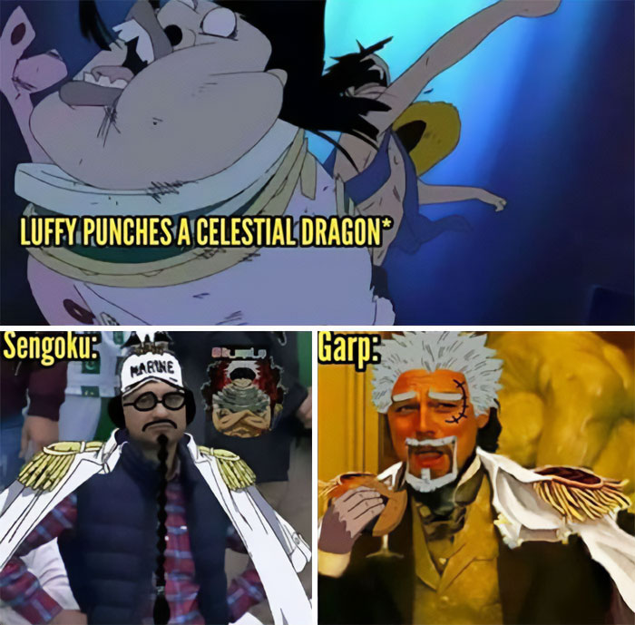 A one piece meme in three panels. The top panel shows Luffy punching a Celestial Dragon, with the text, "Luffy punches a Celestial Dragon." The bottom left panel depicts Sengoku, wearing a Marine cap and looking serious, captioned "Sengoku:". The bottom right panel features Garp, dressed in military attire, laughing and holding a drink, captioned "Garp:".