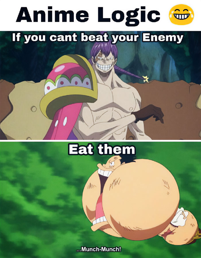 A one piece meme in two panels. The top panel shows Charlotte Katakuri with his mochi arm, grinning menacingly. The text above reads, "Anime Logic 😁," and below, "If you can't beat your enemy." The bottom panel features Luffy with his mouth wide open, about to eat, and his cheeks puffed out. The text reads, "Eat them," with the caption "...Munch-Munch!"