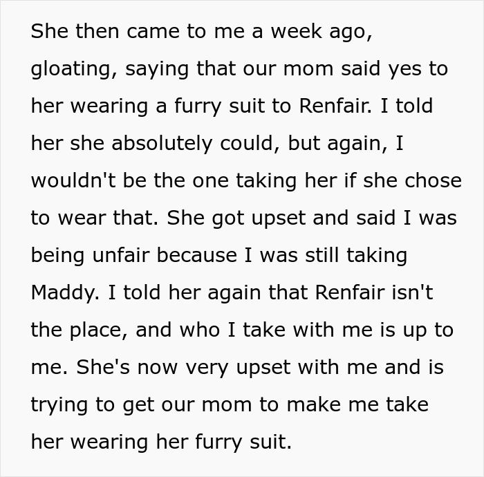 25YO Refuses To Take 12YO Sister To Renaissance Fair Because She Insists On Wearing Furry Outfit