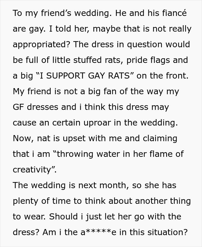 Woman Won't Change Her Mind About Wearing "I Support Gay Rats" Dress To Wedding, Ends Up Single