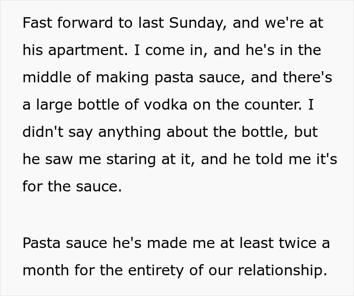 “He’s Been Lacing My Food For Years”: Former Alcoholic GF Explodes As BF Used Vodka For Making Sauce