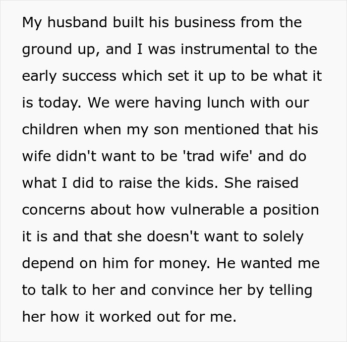 Man Asks Mom To Convince His Wife To Be A “Trad Wife”, She Reveals She Always Had An “Escape Plan”