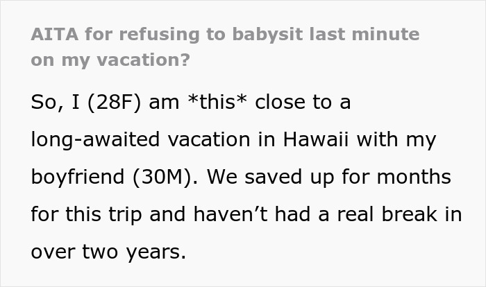 Sister shocked when wife refuses to cancel fully paid vacation to babysit at last minute