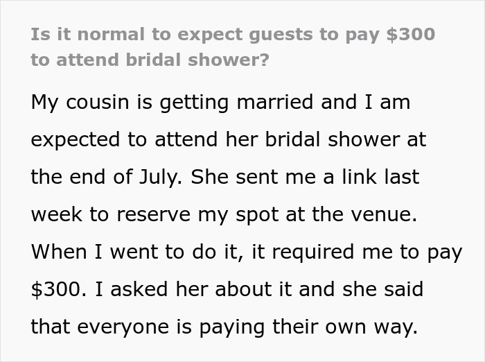 “How Tacky”: Woman Refuses To Attend Cousin’s Bridal Shower After Seeing $300 Entrance Fee