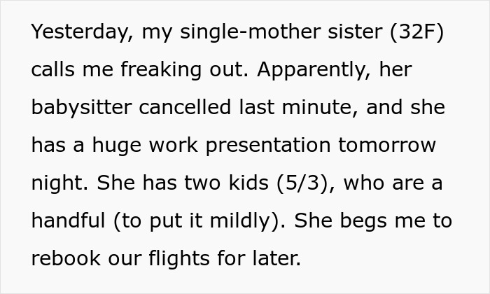 Sister shocked when wife refuses to cancel fully paid vacation to babysit at last minute