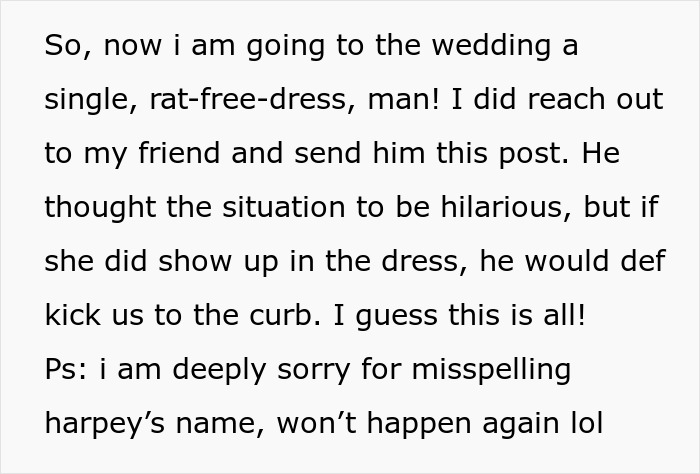 Woman Won't Change Her Mind About Wearing "I Support Gay Rats" Dress To Wedding, Ends Up Single