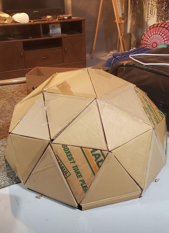 Geodesic Dome With Cardboard. Took Some Time To Collect Enough But Being Patient Was Worth It!