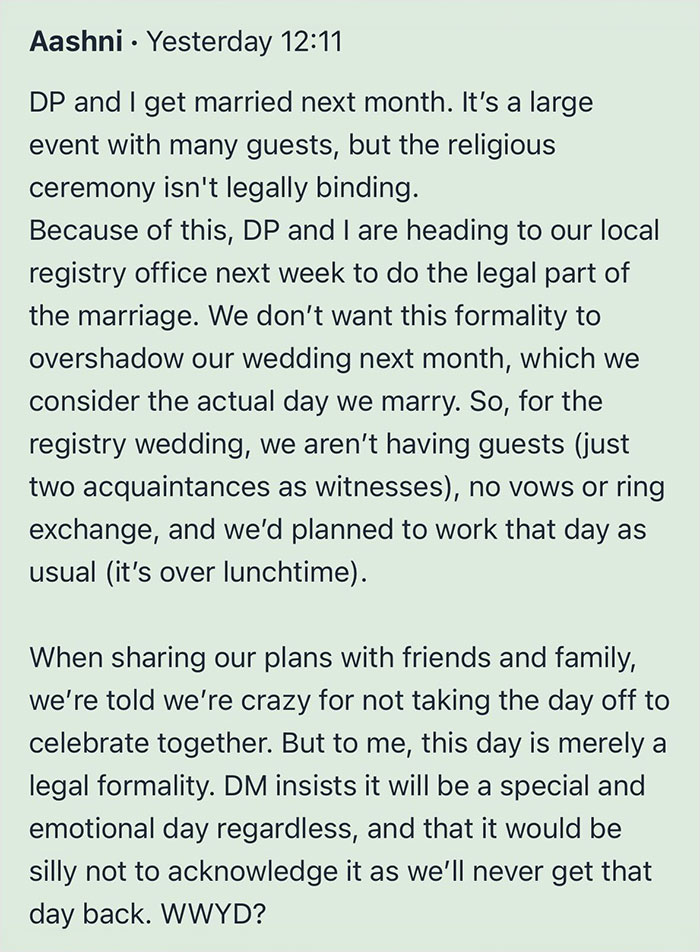 Bride Calls Her Wedding “Merely A Legal Formality”, Refuses To Take The Day Off From Work