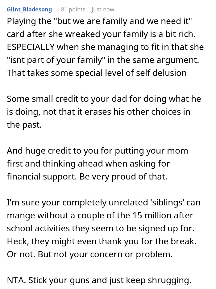 "[Am I The Jerk] For Shrugging When My Dad's Wife Told Me They Need All Of Dad's Money Right Now?"