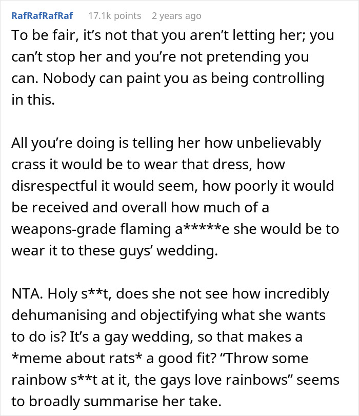 Woman Won't Change Her Mind About Wearing "I Support Gay Rats" Dress To Wedding, Ends Up Single