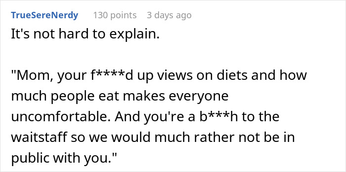 MIL’s Fat Shaming Costs Her Dining Privileges With Son And Daughter-In-Law Due To Her Behavior