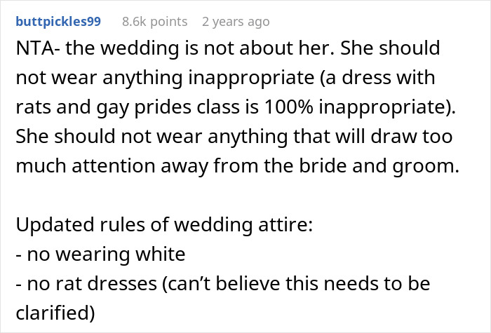 Woman Won't Change Her Mind About Wearing "I Support Gay Rats" Dress To Wedding, Ends Up Single