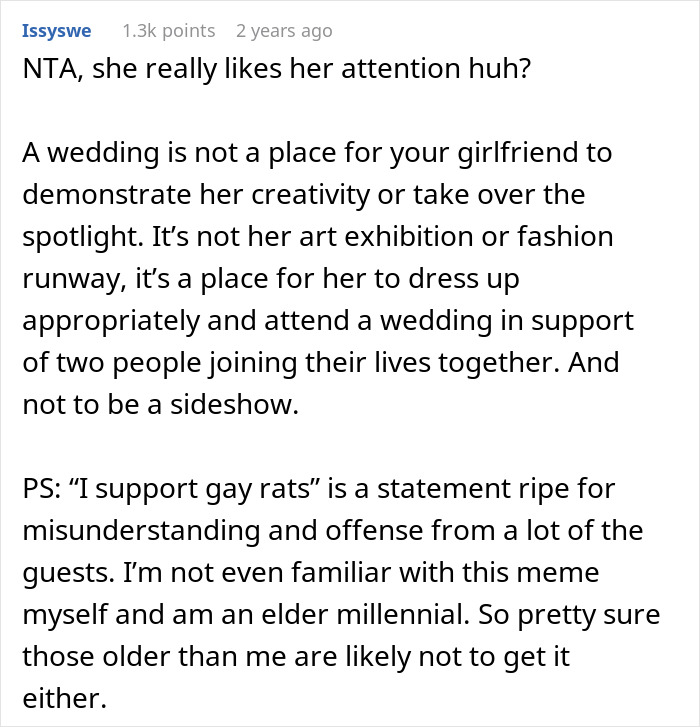 Woman Won't Change Her Mind About Wearing "I Support Gay Rats" Dress To Wedding, Ends Up Single