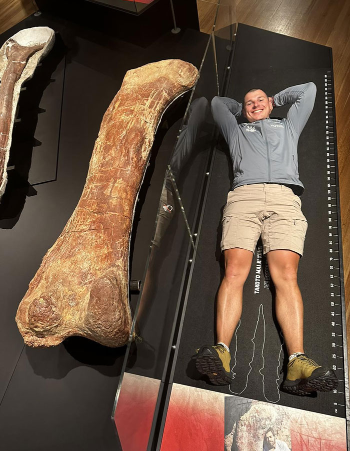 Un humano junto al fémur del saurópodo Patagotitan Mayorum. Es uno de los dinosaurios más grandes de la historia