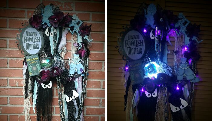 I Made A Haunted Mansion Wreath With Hitchhiking Ghosts, Madam Leota Crystal Ball, A Welcome Foolish Mortals Sign, And Many More (13 Pics)
