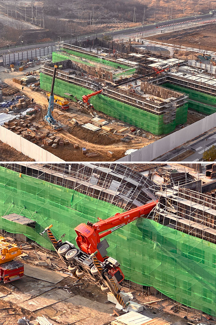 Crane Tipped Over Onto A Mostly Completed School