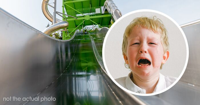 Dad Bullies His Kid For Being Afraid Of A Slide, Goes Flying Down When An Employee Pushes Him Out Of Spite