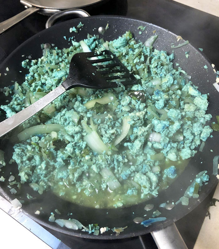 I Was Making Thai Basil Chicken Then I Turned Around For A Minute And My Brother Put Blue Food Dye In It. He’s 19