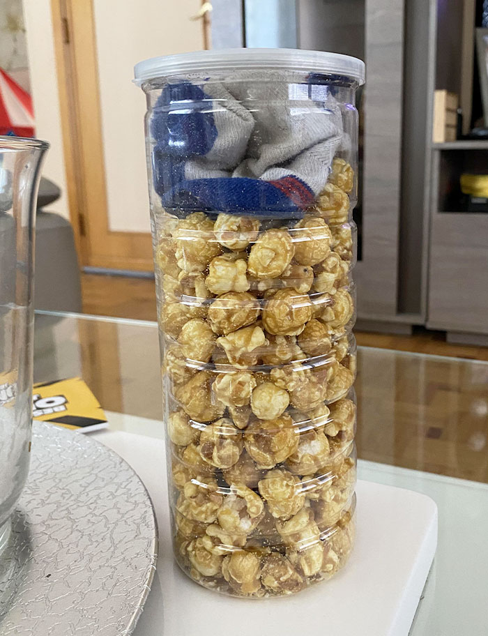 Little Brother Put His Dirty Socks In The Popcorn. To Make It Even Worse, The Popcorn Was Covered In Salted Caramel, So It Got Stuck On The Socks