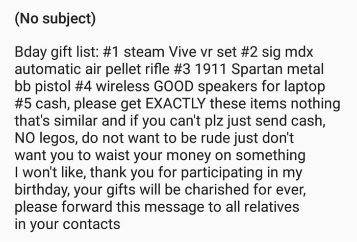 My Friend's 13-Year-Old Brother Sent His Wishlist To His Entire Extended Family. They Mocked Him Pretty Good Afterward