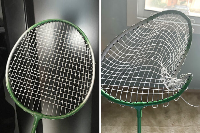 Before And After My Little Brother "Borrowed" My Racket For Badminton Practice. It’s A Small Racket, But Still, It’s One Of The Only Two I Have