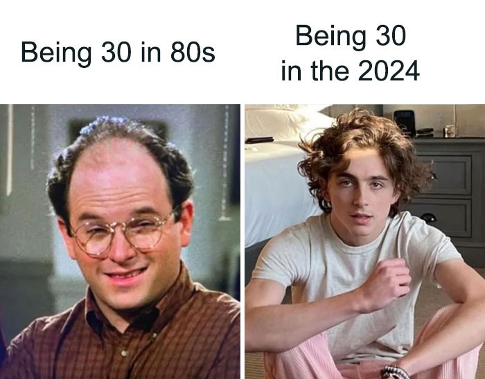 George Costanza from Seinfeld representing being 30 in the 80s next to a young man in modern casual wear representing being 30 in 2024.