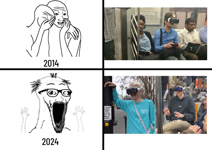 Meme comparing VR use in 2014 vs 2024, with 'Feels Guy' and people using VR in 2014, and an excited 'Wojak' and advanced VR use in public in 2024.