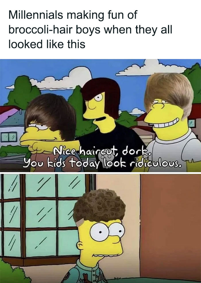 A two-panel image from "The Simpsons" featuring characters with exaggerated hairstyles. The top panel shows three characters with long, straight hair covering their eyes, typical of the early 2000s emo style. The text above the image reads, "Millennials making fun of broccoli-hair boys when they all looked like this." The bottom panel shows a character with a curly "broccoli" hairstyle, with the text in the image saying, "Nice haircut, dork. You kids today look ridiculous."