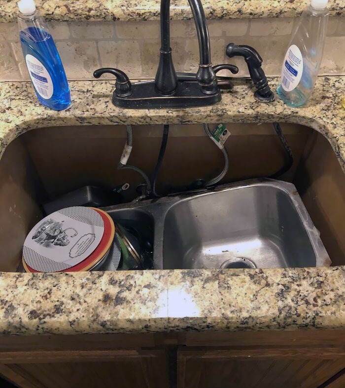 I Was Washing The Dishes When The Sink Decided To Fall Out Of The Counter. First Time My Strange Habit Of Hoarding Large Bath Towels Has Proven Itself Useful