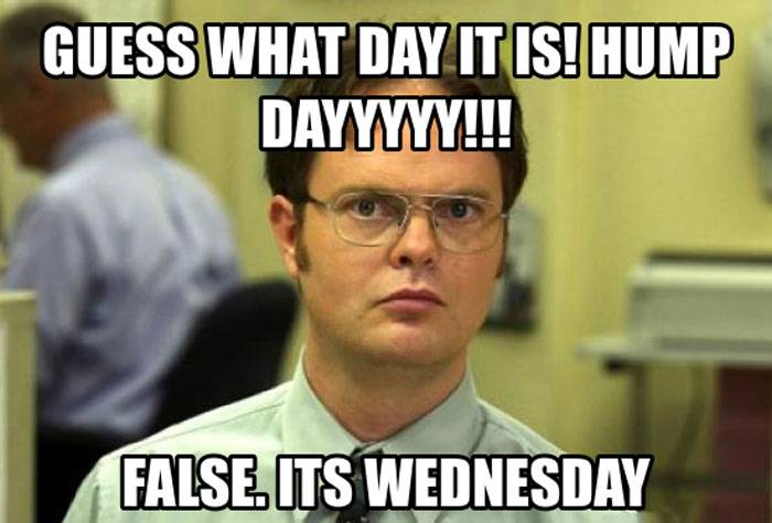 An image of Dwight Schrute from "The Office" looking serious. The text above reads, "GUESS WHAT DAY IT IS! HUMP DAAYYYY!!!" The text below reads, "FALSE. IT'S WEDNESDAY."