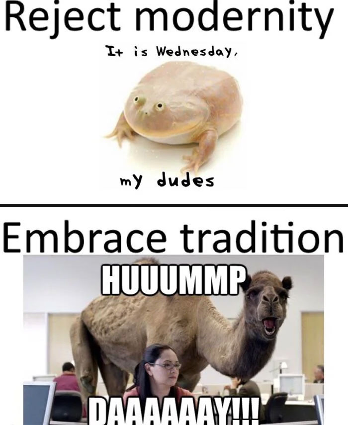 A two-panel image with the text "Reject modernity" above the top panel and "Embrace tradition" above the bottom panel. The top panel features a frog with the text, "It is Wednesday, my dudes." The bottom panel features a camel in an office setting with a woman at a desk, and the text, "HUUUMMP DAAAYYY!!!"