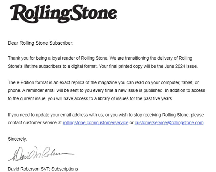 I Paid For A "Lifetime" Subscription To The Print Version Of Rolling Stone About 25 Years Ago And Now They Are Switching Me To Digital-Only