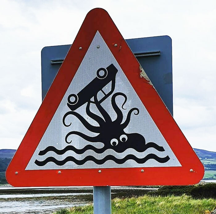 The Strangest Road Sign I've Ever Seen, This Is At Tongue Causeway. Does Anyone Know What It Means? Beware, Octopus Likes To Play With Cars?