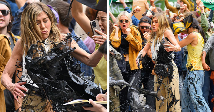 Jennifer Aniston Gets Drenched In Black Oil While Filming “The Morning Show”