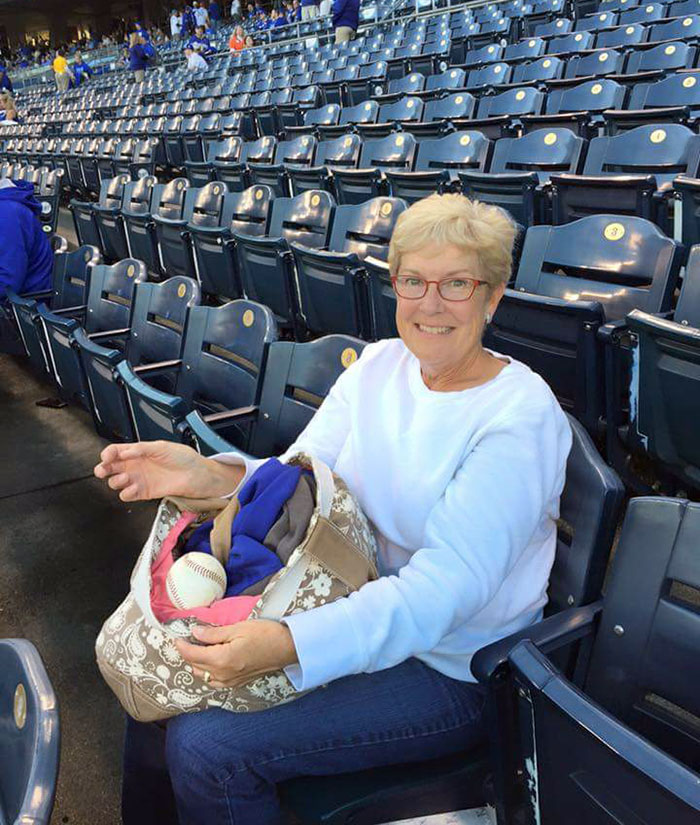 My Mom Texted Me A Picture Of Her Friend Who Had A Ball Drop Into Her Purse During Batting Practice For Tonight's ALCS Game