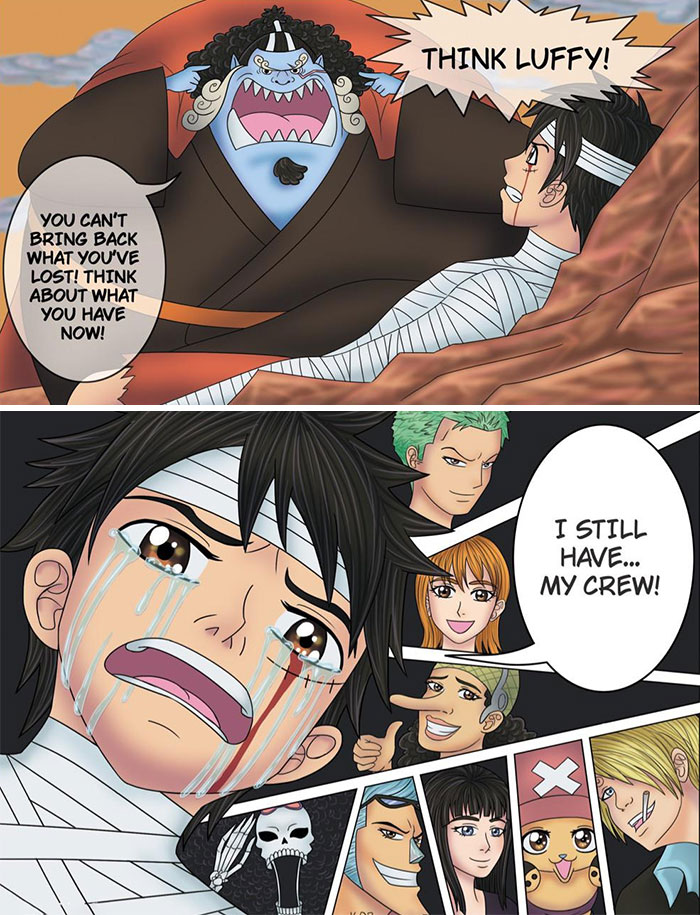 A one piece meme in two panels. The top panel shows Jinbei encouraging Luffy, saying, "Think Luffy! You can't bring back what you've lost! Think about what you have now!" The bottom panel depicts Luffy with tears streaming down his face, surrounded by images of his crew members, including Zoro, Nami, Usopp, Sanji, Chopper, Robin, Franky, and Brook. The text next to Luffy reads, "I still have... my crew!"