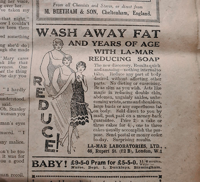 Wash Away Fat And Years Of Age With La-Mar Reducing Soap. Woman's Companion, 1923