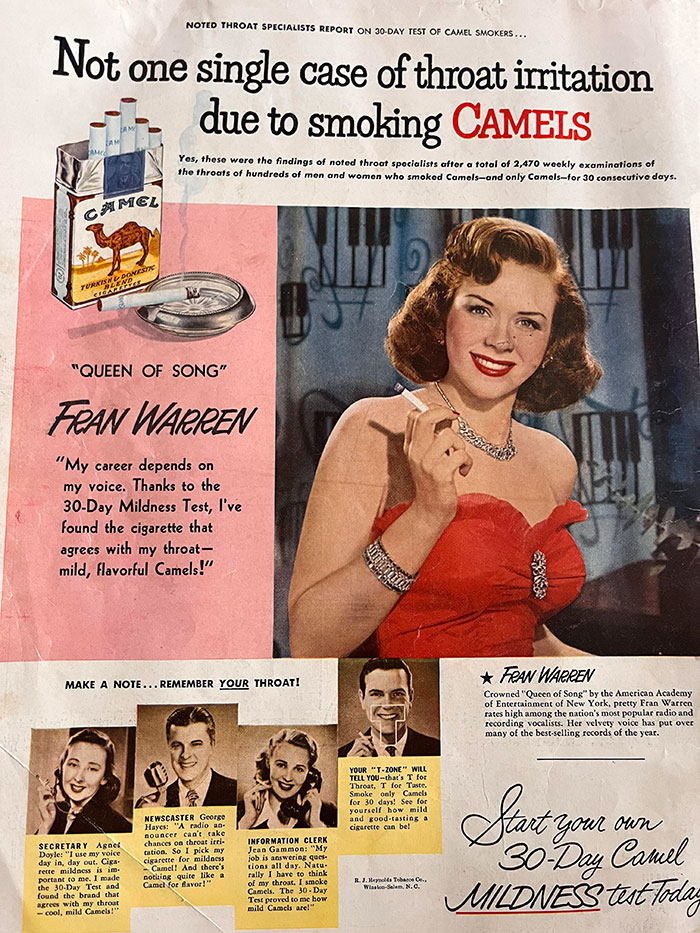 1950s Cigarette Ad Claiming No Throat Irritation Comes From Camel Cigarettes. Now It's Proven That It Causes Throat And Lung Cancer